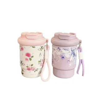 Portable stainless steel coffee cup vacuum insulated travel mug with strap for women outdoor