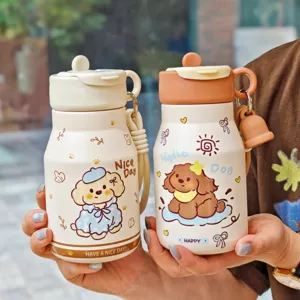Mignonne bouteille isotherme chien bouclé, tasse thermos paille portable avec sangle.