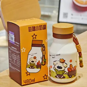 Cute 480ml insulated water bottle with strap, portable stainless steel leakproof cup for girls.