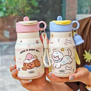 Mignonne Tasse Thermos Portable pour Chiot Bouclé Bouteille d'Eau Isolé Sous Vide en Acier Inoxydable avec Paille Cadeau pour Étudiants Enfants