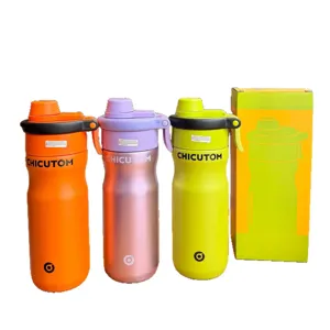 Portable stainless steel sports water bottle with straw and cup box, multi-color outdoor thermos cup.