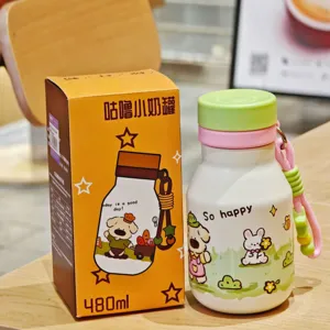Cute cartoon insulated water bottle 480ml portable stainless steel cup for girls daily use.