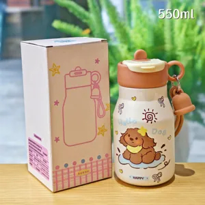 Jolie bouteille d'eau isotherme en acier inoxydable de 550 ml avec design de chiot et coffret.