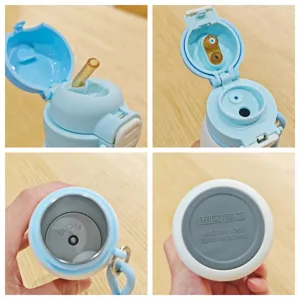 Insulated stainless steel water bottle with straw and dual drinking lid design for students.