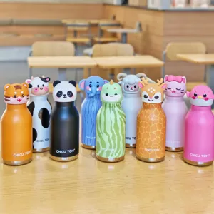 Cute cartoon animal stainless steel insulated water bottle detail showcasing various designs.