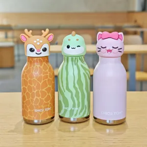 Cute cartoon animal stainless steel vacuum insulated water bottle set for kids and daily use.