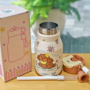 Mignonne gourde thermos portable pour chiot bouclé avec boîte, paille et double couvercle.