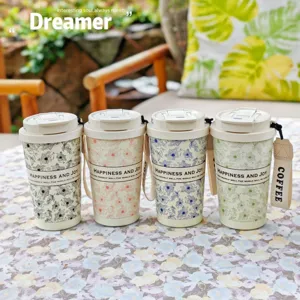 Tasse à café de voyage en acier inoxydable avec motif floral, gobelet isotherme portable.