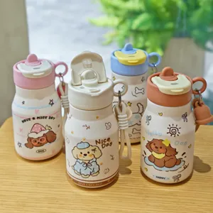 Joli thermos pour chien bouclé, tasse isotherme portable avec paille et sangle pour cadeaux.