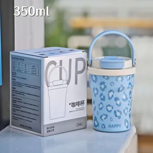 Tazza da caffè sottovuoto in acciaio inossidabile maculata blu 350ml con manico.