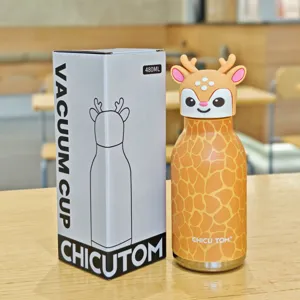 Detail shot of a cute cartoon deer vacuum insulated water bottle with matching box.
