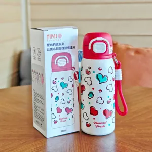 Stainless steel vacuum insulated water bottle with strap, 500ml cute heart pattern travel mug.
