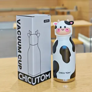 Cute cartoon cow vacuum water bottle 480ml stainless steel thermal insulated cup kids gifts.