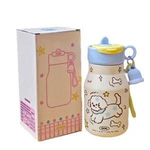 Gourde isotherme portable avec paille et boîte design chiot bouclé mignon pour les étudiants.