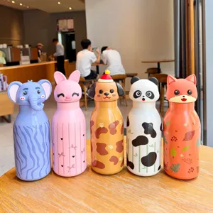 Detailed view of cute cartoon animal design stainless steel vacuum water bottles lined up.
