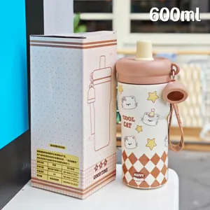 Bottiglia d'acqua termica da 600ml con cannuccia, tazza in acciaio inox con grazioso gatto.