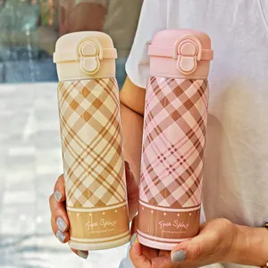 Stainless steel vacuum insulated water bottle with plaid pattern and flip lid design for daily use.