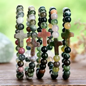 Indian Agate Beaded Cross Bracelet Handmade Natural Stone Elastic Bracelet For Women Minimalist Fashion Jewelry Accessories Gift