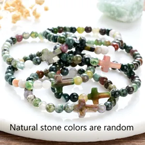 Handmade natural Indian agate stone beaded bracelets featuring unique cross pendants for women.
