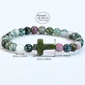 Indian agate gemstone beaded stretch bracelet with green stone cross charm for women jewelry.