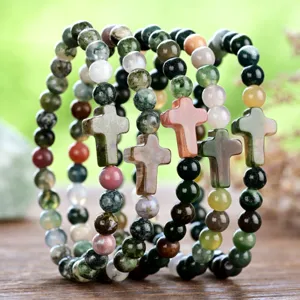 Detailed view of natural Indian agate beaded bracelets featuring charming stone cross pendants.
