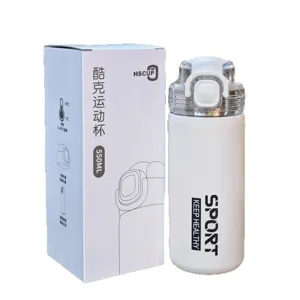 White 550ml vacuum insulated sport water bottle with gift box, convenient one-click open lid.