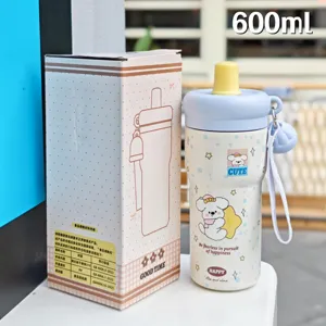 Bottiglia d'acqua termica con cannuccia e cordino 600ml tazza in acciaio inox.