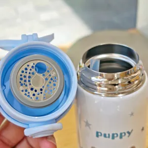 Stainless steel vacuum insulated water bottle detail showing straw cap and filter structure.