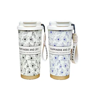 Tasse à café isotherme en acier inoxydable gobelet de voyage avec de beaux motifs floraux