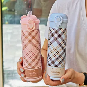 Stainless Steel Vacuum Flask With Straw Bounce Lid Plaid Leopard Cartoon Pattern Portable Water Bottle For School Daily Kids Students