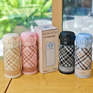 Stainless steel vacuum insulated water bottle with plaid pattern, 300ml portable gift cup.