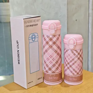 Pink plaid insulated water bottle with dual-drink lid, stainless steel portable vacuum flask 450ml