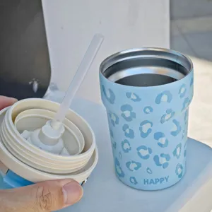 Tazza da caffè in acciaio inossidabile con stampa leopardata, tazza con cannuccia.
