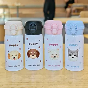 Stainless steel vacuum insulated water bottle with cute puppy print, portable flask for daily use.
