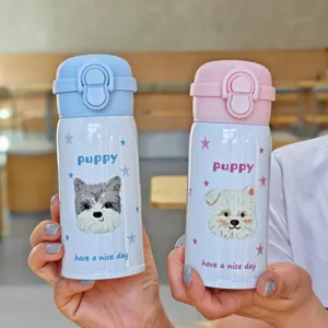 Stainless steel vacuum insulated water bottle set with cute puppy print and convenient pop-up lid.