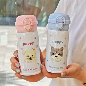 Stainless steel vacuum insulated water bottle with cute puppy print and one-click flip lid.