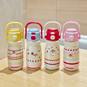 Children insulated water bottle with cute cartoon dog print, portable straw cup for kids.