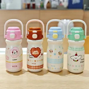 Cute kids stainless steel vacuum insulated water bottle with strap and colorful cartoon designs.