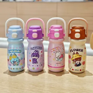 Stainless steel insulated children water bottle with dual drink straw and cute cartoon designs.