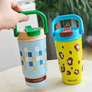 Portable stainless steel coffee tumbler with handle, stylish pattern design detail view.