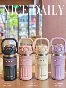 Stainless steel double drink portable vacuum water bottle detail view in four colors.