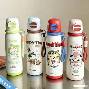 Cute stainless steel vacuum insulated water bottle with dual drink lid and portable strap for students.