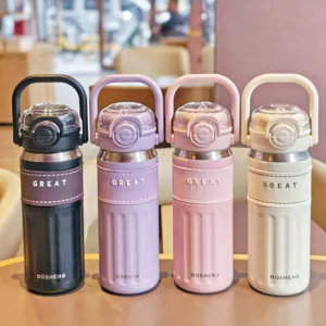 Stainless steel insulated water bottle with straw and handle, large capacity, 4 colors.
