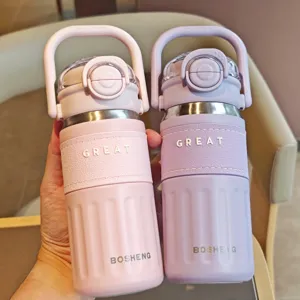 Stainless steel vacuum insulated water bottle with straw and handle for outdoor portable use
