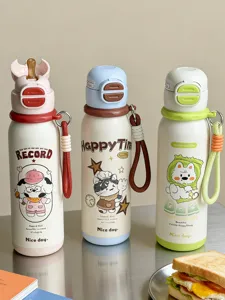Detailed view of cute cartoon stainless steel vacuum insulated water bottles with dual drinking lids.