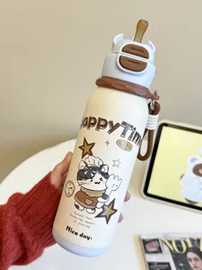 Cute cartoon cat thermos bottle detail view, stainless steel vacuum cup with strap and straw.