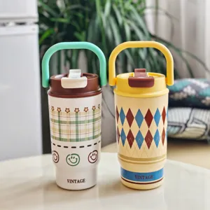 Ins Style Stainless Steel Vacuum Insulated Coffee Mug With Handle Straw Plaid Diamond Leopard Print Travel Mug For Women Students Office Home Cup