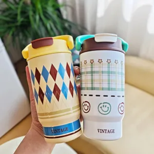 Stainless steel portable coffee cup with handle, stylish vintage pattern insulated thermal mug.