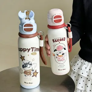 Cartoon Stainless Steel Vacuum Insulated Water Bottle For Kids Portable Double Drink Thermos Cup With Straw And Lanyard School Travel Flask