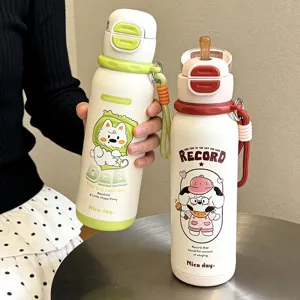Portable stainless steel cartoon double drink vacuum thermos cup cute student water bottle